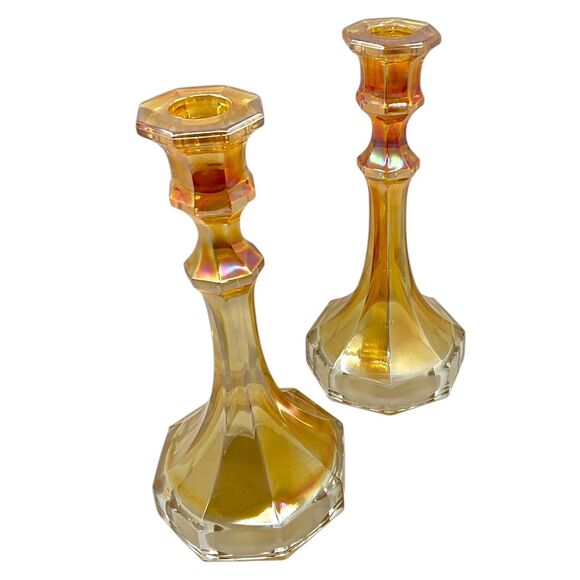 Imperial Carnival Glass Candlesticks Clear to Marigold Delta Base Colonial - Picture 2 of 7